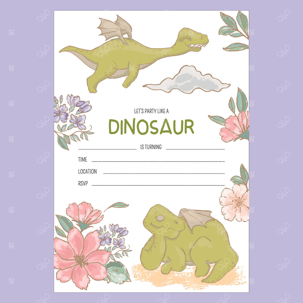 بنر کارتونی دعوت‌نامه تولد دایناسور با متن