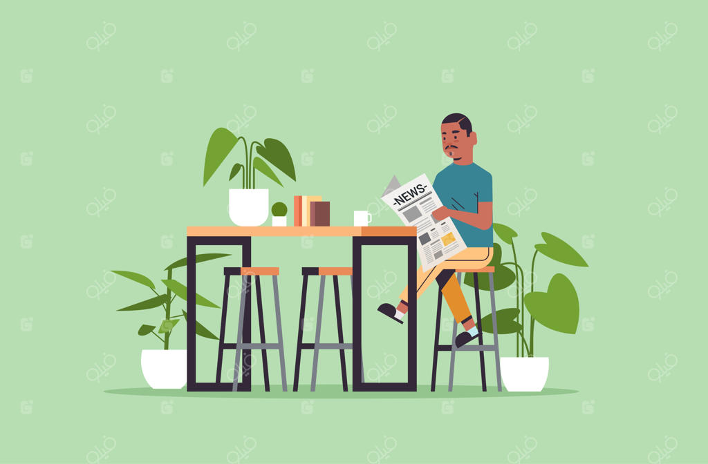 مردی در کافه در حال خواندن روزنامه و دنبال کردن اخبار روزانه مطبوعات و رسانه‌ها