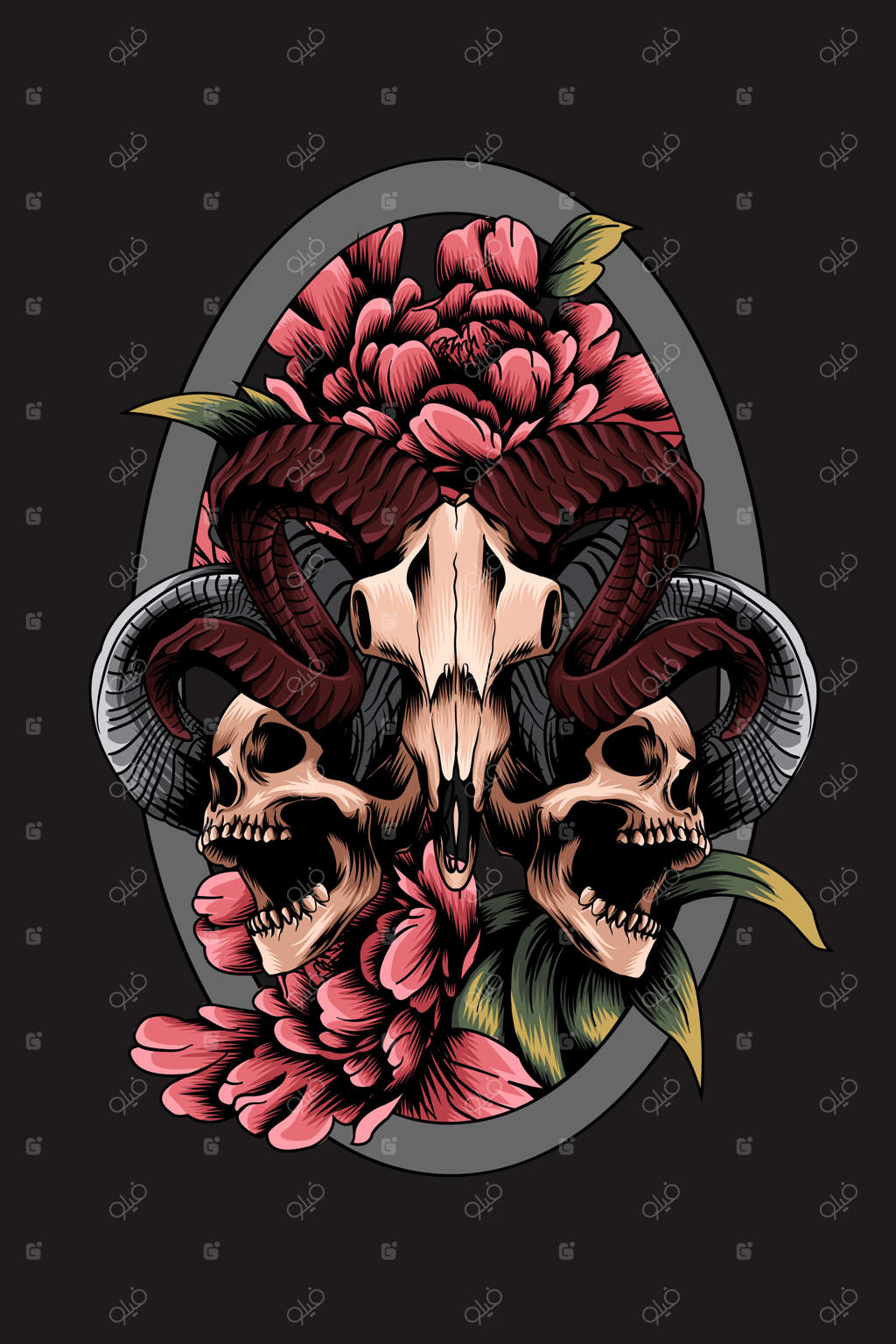 تصویر برداری از جمجمه بز همراه با جمجمه انسان