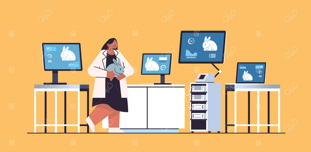 دانشمند در حال کار با رایانه در آزمایشگاه با تصاویر خرگوش‌ها: تحقیقات مهندسی ژنتیک و آزمایشات دامپزشکی