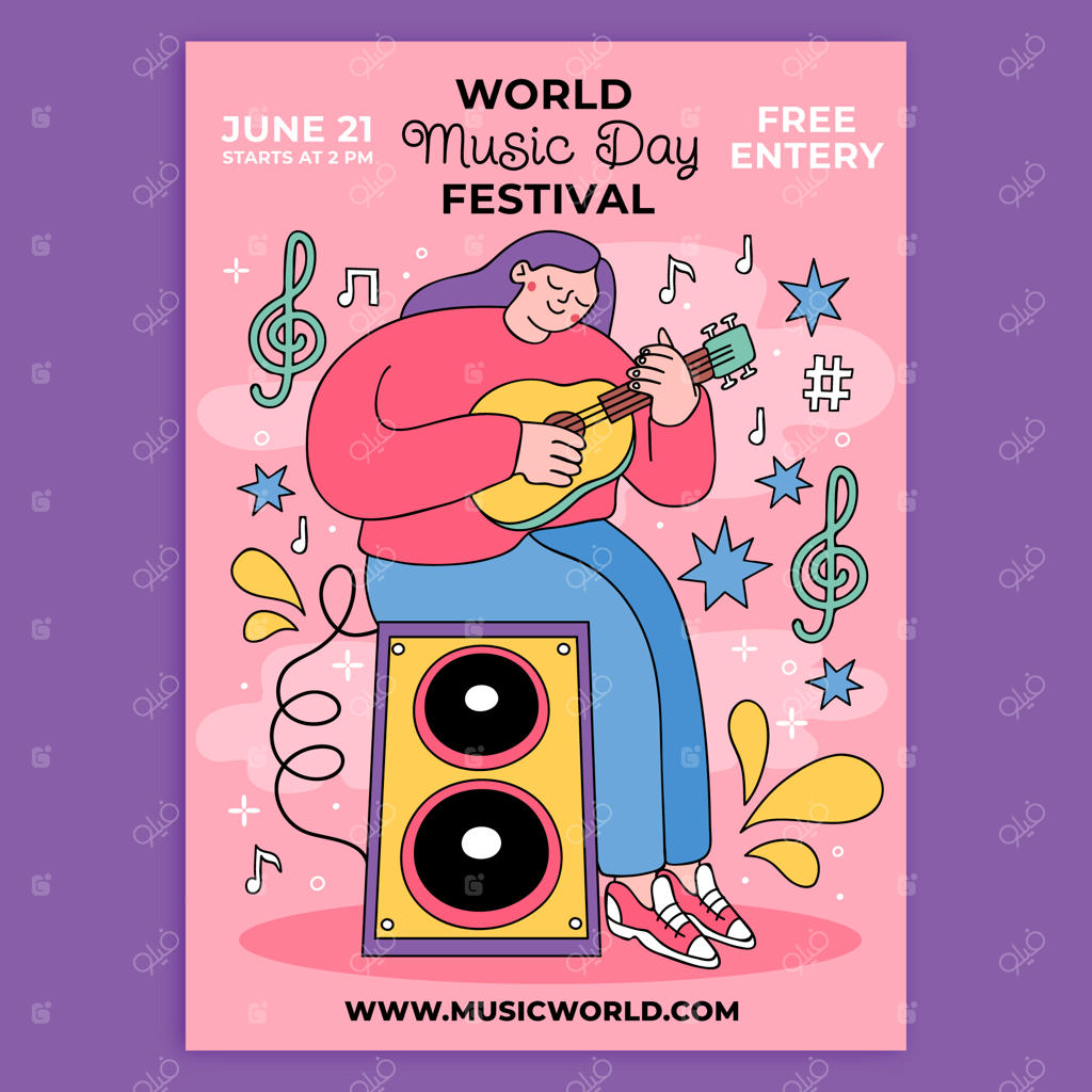 قالب پوستر عمودی روز جهانی موسیقی با طراحی دستی