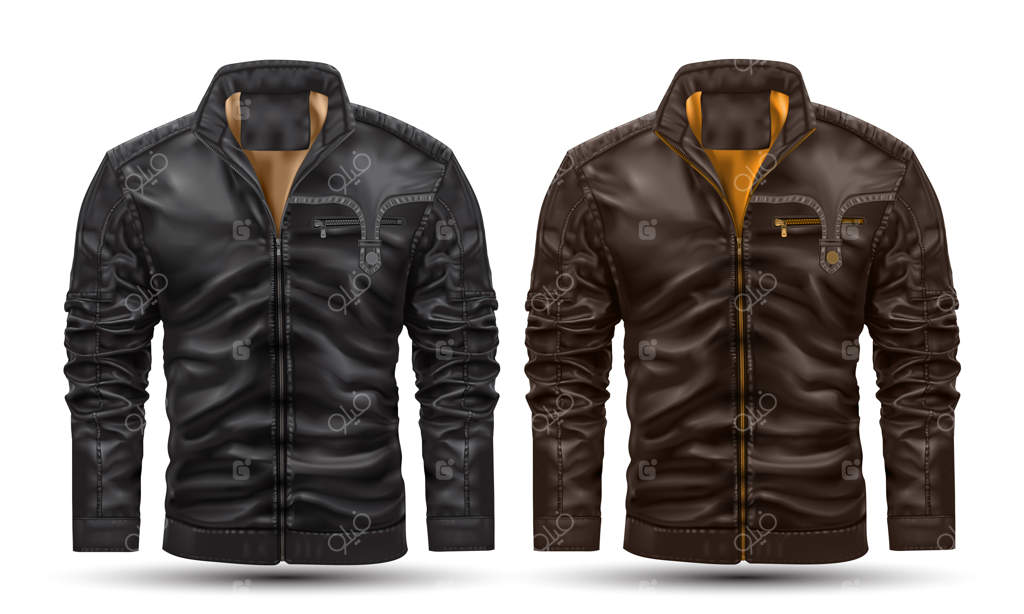 مجموعه‌ای از کاپشن‌های چرم واقعی به رنگ مشکی و قهوه‌ای روی زمینه سفید - تصویر برداری.