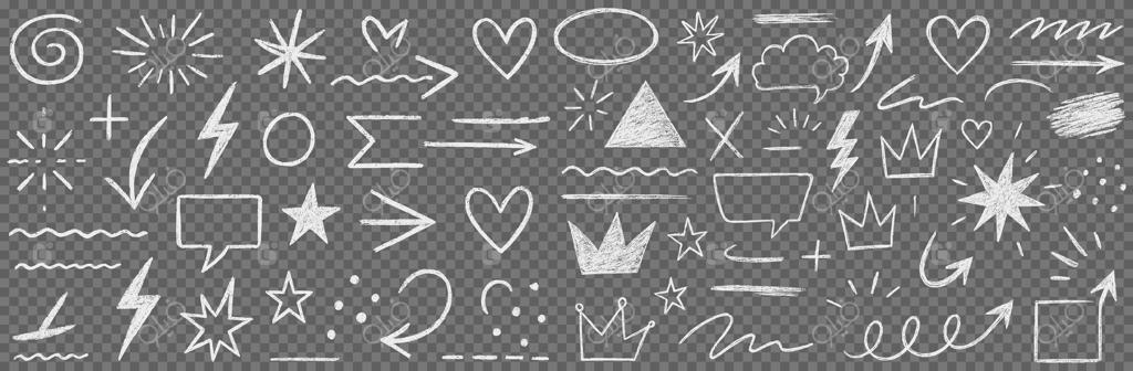 مجموعه ای از المان ها و نمادهای طراحی دست، شامل فلش ها، قلب ها، ستاره ها، تاج ها، حباب های گفتار، رعد و برق ها و دیگر عناصر طراحی به سبک گچ سفید