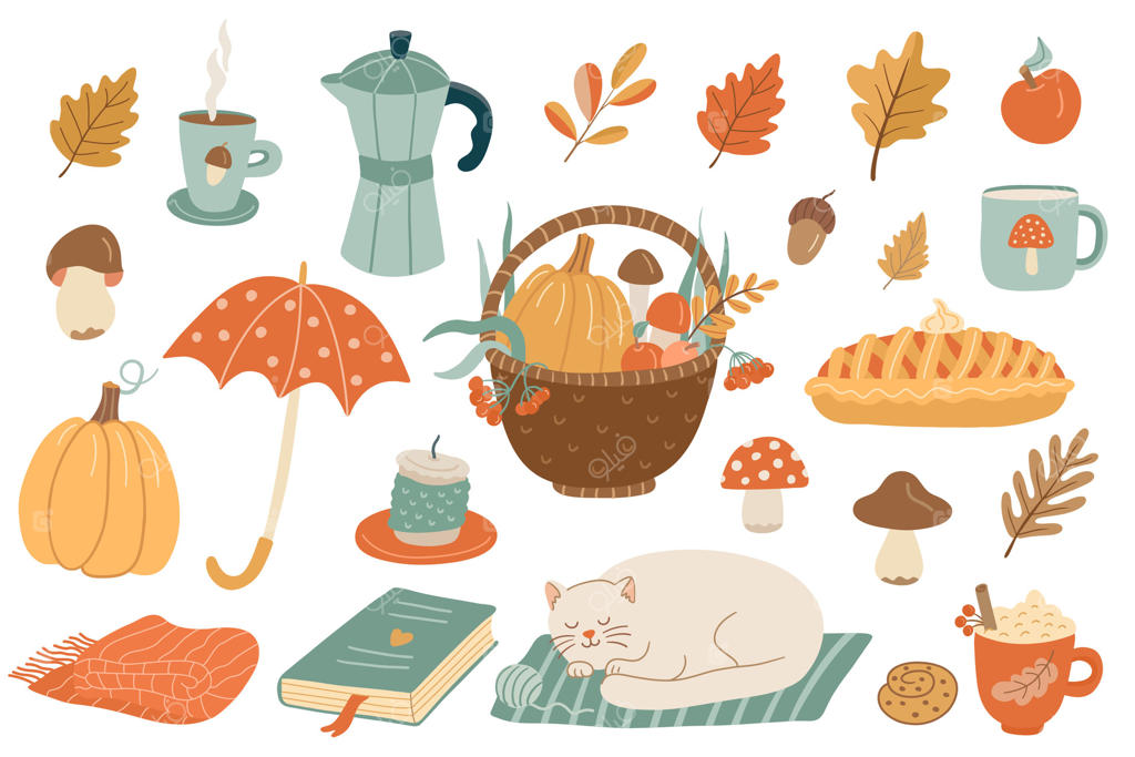 مجموعه کلیپ‌آرت دست‌کشیده پاییزی با پای، کدو، فنجان قهوه، قارچ‌ها، برگ‌ها و گربه. مناسب برای کارت‌های تبریک پاییزی، برچسب‌ها و پروژه‌های فصلی.