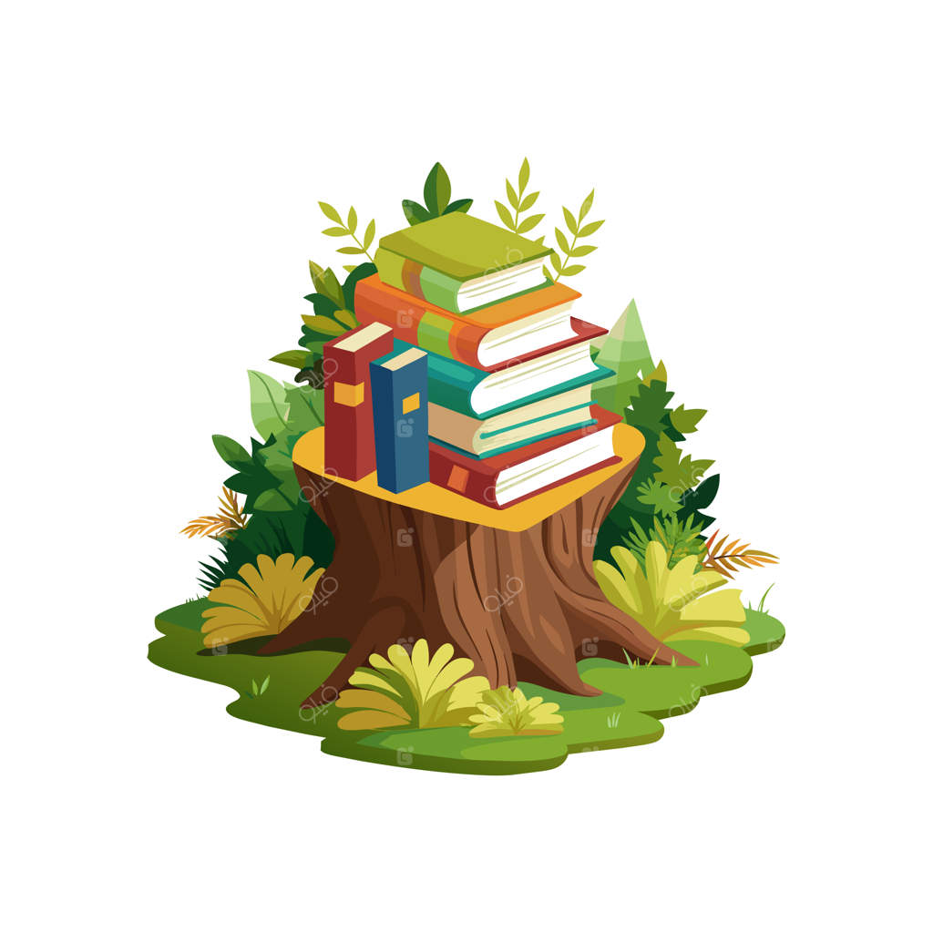 یک دسته کتاب روی درخت با یک کتاب در بالاترین نقطه آن