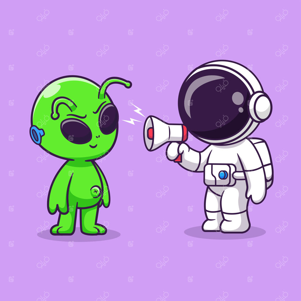 تصویر کارتونی بامزه‌ی فضانورد با بلندگو در حال صحبت با موجود فضایی. علم و فناوری