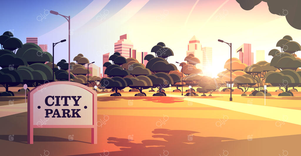 تابلوی راهنما در پارک شهر؛ هوای مطبوع تابستان، ساختمان‌های آسمان‌خراش در غروب شهر