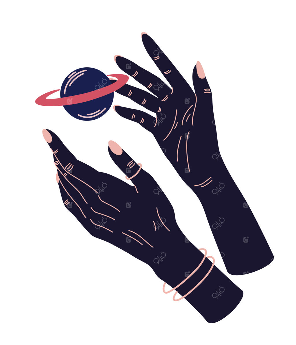 دست‌های جادویی با نمادهای اسرارآمیز آسمانی. عناصری معنوی به سبک بوهو همراه با کریستال، مار، پروانه و چشم. سیلوئت سیاه از دستان زن بر روی زمینه سفید. تصاویر برداری