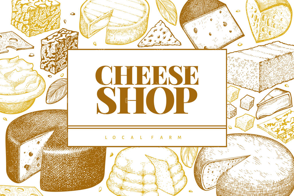 پنیر: تصویر دست‌کشیده لبنیات. انواع مختلف پنیر به سبک حکاکی. زمینه غذایی قدیمی.