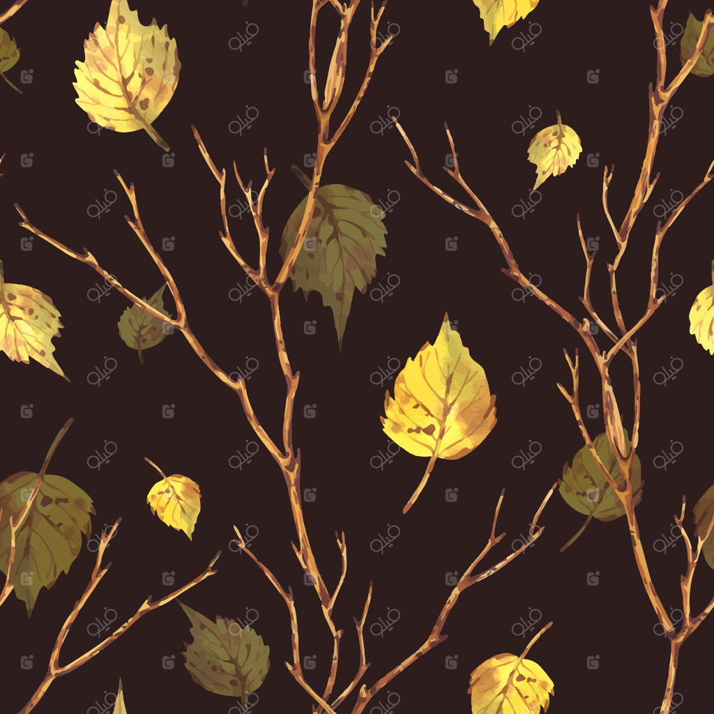 شاخه‌های پاییزی، درختان، قهوه‌ای با برگ‌های زرد در حال ریزش توس، جنگل پاییزی، پارک، باغ. نقاشی آبرنگی دستی. پترن تکرار شونده بر روی زمینه تیره.