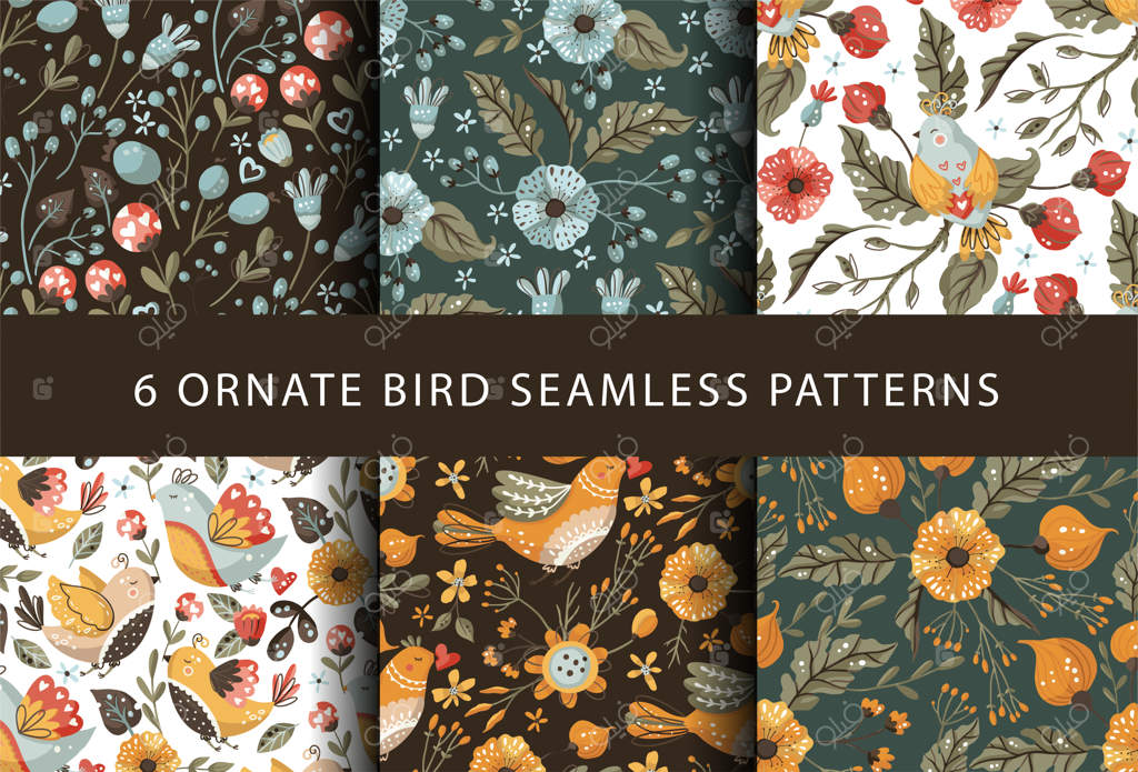 مجموعه پترن یکپارچه گل و پرنده به سبک بوهو و هنر فولک