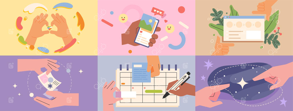 دست‌ها در حال خلق موقعیت‌های مختلف. تصویرسازی به سبک طراحی تخت.