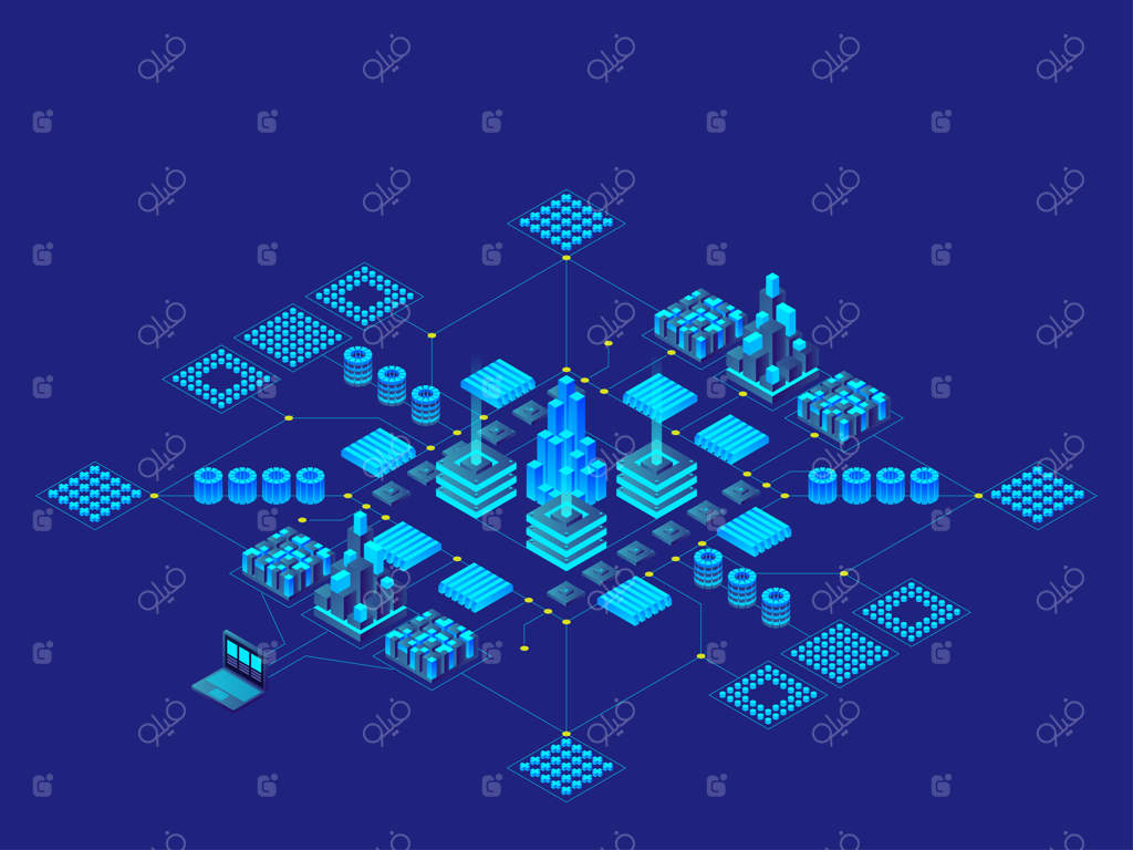 مفهوم فناوری دیجیتال پیشرفته: برد مدار آینده‌نگر و مادربورد الکترونیکی، ارتباطات و مهندسی در تصویر ایزومتریک