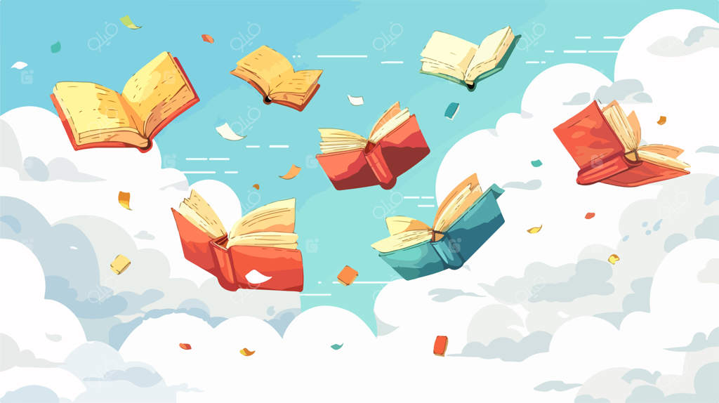 تصویرسازی وکتور کتاب‌های پرنده در آسمان
