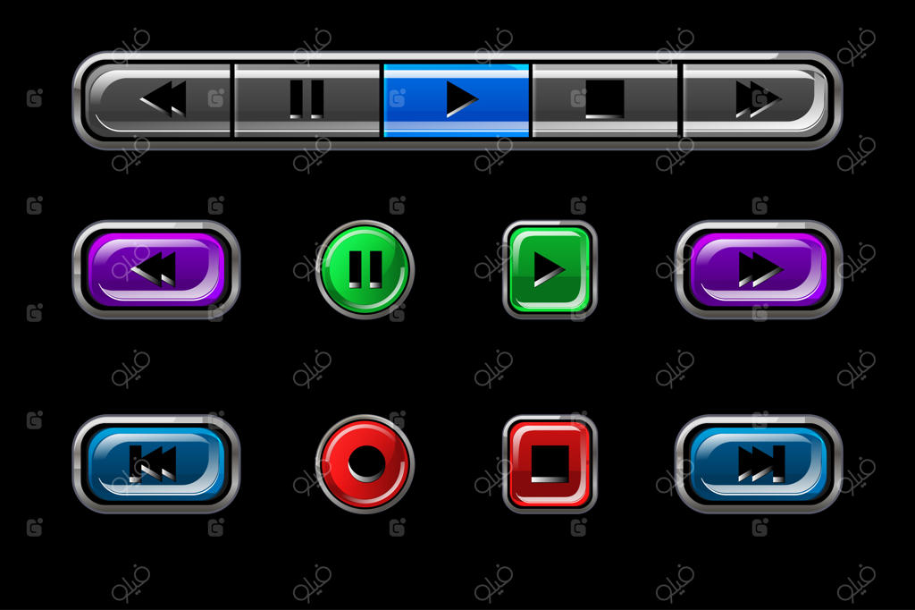 مجموعه‌ای از دکمه‌های براق برای پخش‌کننده رسانه‌ای: دکمه‌های رنگارنگ با شکل‌ها و نشانه‌های مختلف.