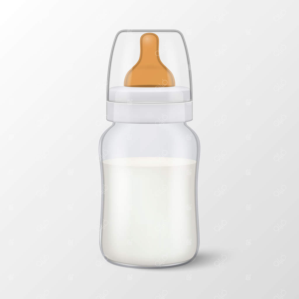 بطری شیر نوزاد واقعی با نماد درپوش، شبیه به سینه مادر بر روی زمینه سفید. قالب ظرف شیر استریل برای طراحی‌های گرافیکی