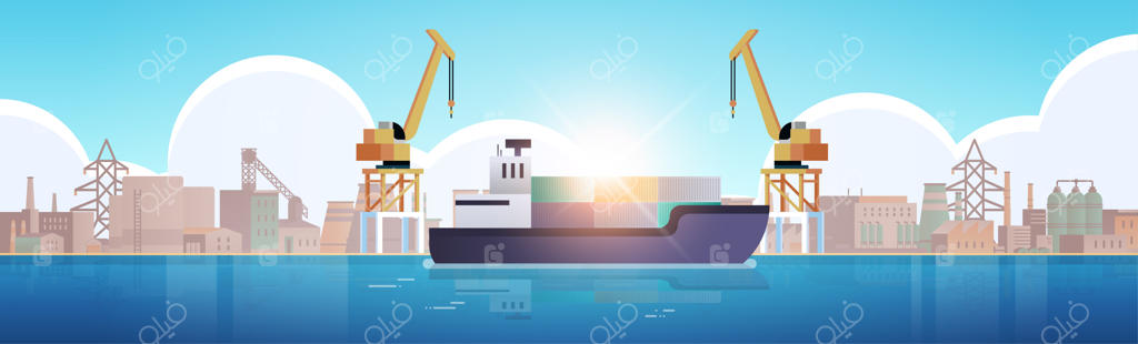 جرثقیل‌ها در بندر، بارگیری کانتینرها بر روی کشتی‌های باری در بندر صنعتی دریا
