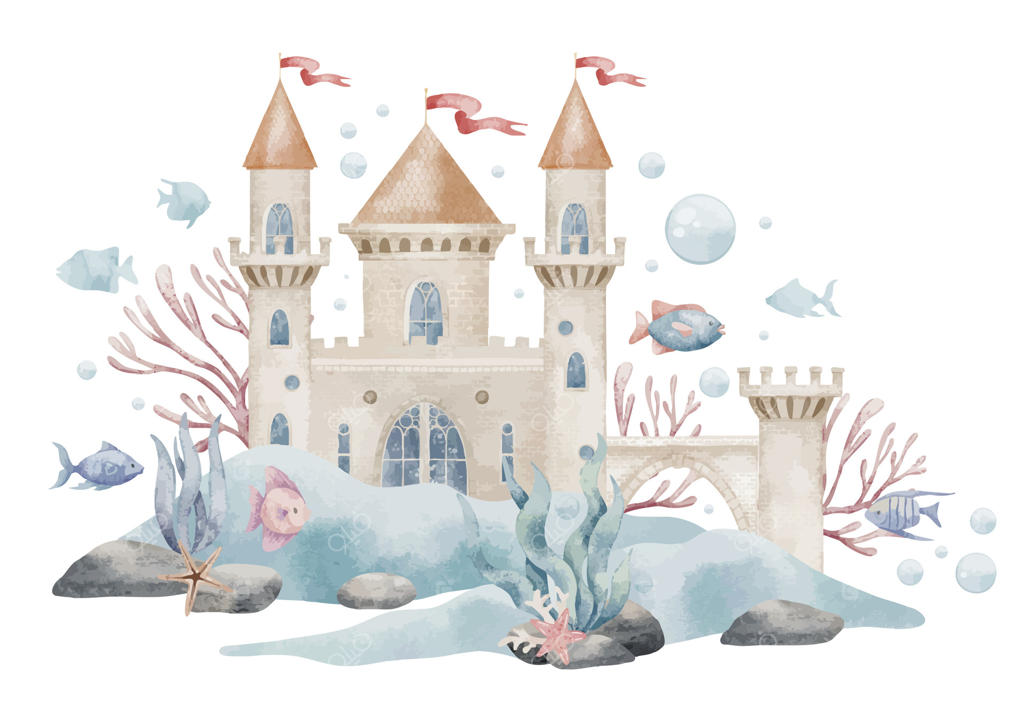 تصویر آبرنگی از قلعه‌ای زیر آب با ماهی‌ها، مرجان‌ها و حباب‌ها. طراحی معماری خیالی دریا برای دکور اتاق کودک یا کارت‌های تبریک کودکانه. اثر هنری برای دعوتنامه‌های نوزادی.