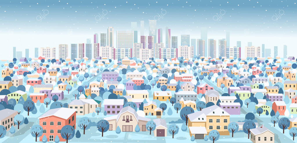 منظره حومه شهر با کوه‌ها در زمستان: نمایی از جاده‌ها و خانه‌ها