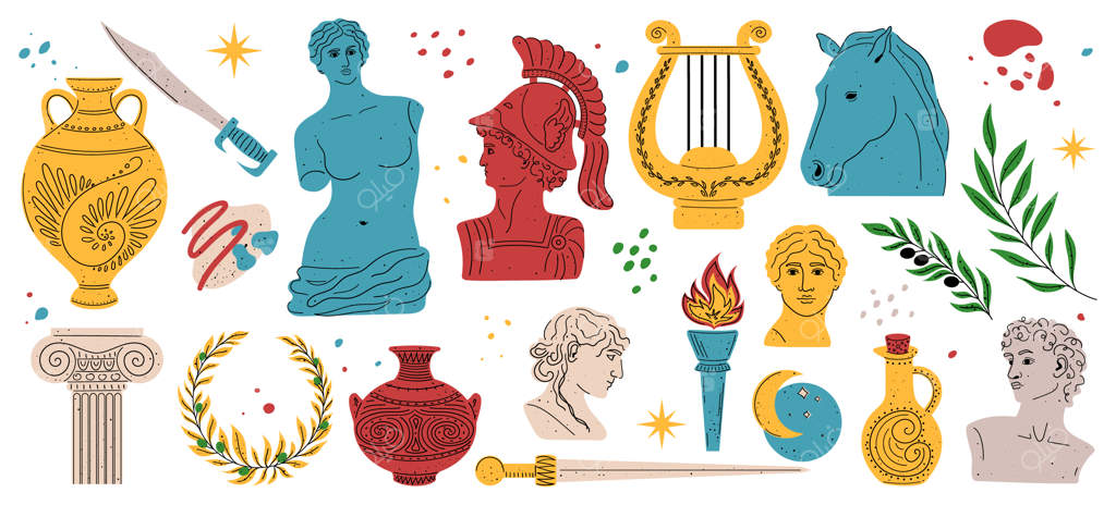 سبک مدرن مجموعه مجسمه‌های باستانی یونان: سر زنان، شوالیه، اسب، شاخه، آمفورا و موجودات افسانه‌ای