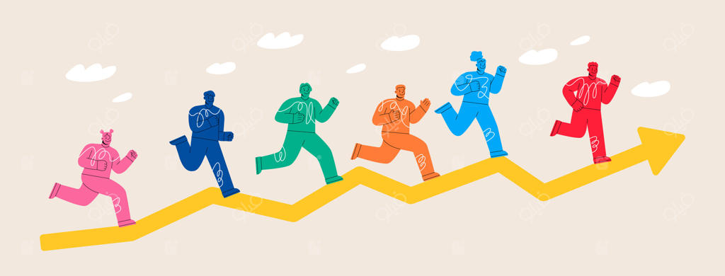 تصویر رنگارنگ از زن و مردی که بر روی نمودار پیکان‌ها می‌دوند، مفهوم پیشرفت و موفقیت.