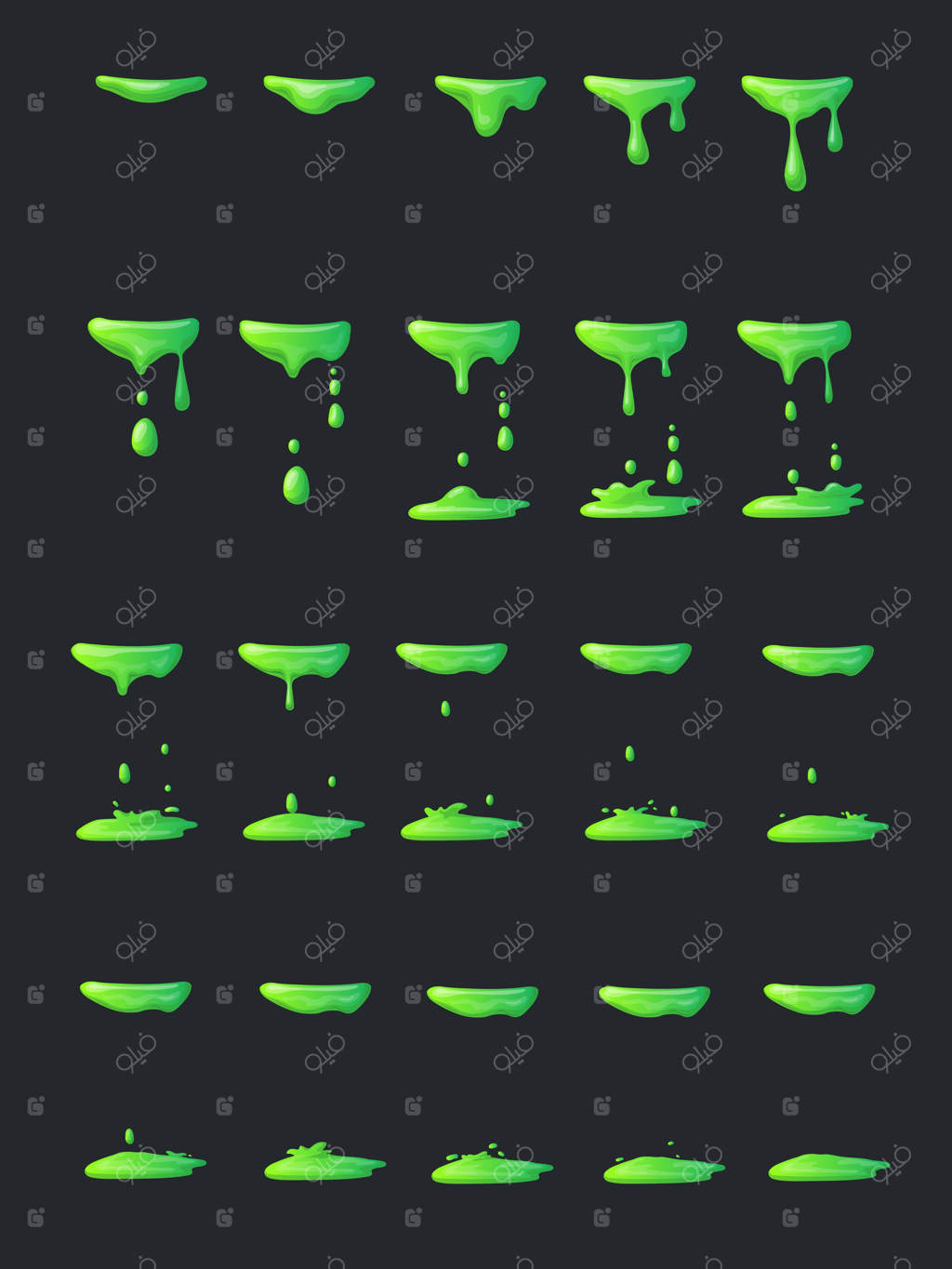 پوست انیمیشن لجن: قطره سبز مایع کارتونی، پاشیدن زهر، چکه‌های زباله‌های سمی، انفجار هسته‌ای، افکت‌های ماده شیمیایی، سم متحرک، گرافیک مرتب وکتور.