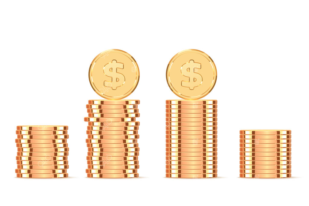 سکه‌های طلایی: تصویر واقع‌گرایانه سکه‌های طلا روی پس‌زمینه سفید. سکه فلزی دلار. تصویرسازی وکتور.