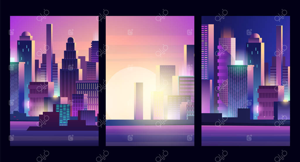 چشم‌انداز شهر نورانی: پترن بنرهای شهری با آسمان‌خراش‌های نئون به سبک سایبرپانک، تصویرسازی چشم‌انداز مدرن شهری.