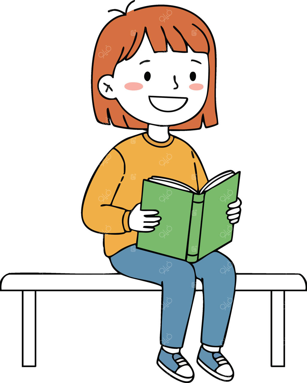 تصویر دختری نشسته بر روی نیمکت با سویشرت نارنجی و شلوار جین آبی در حال خواندن کتاب