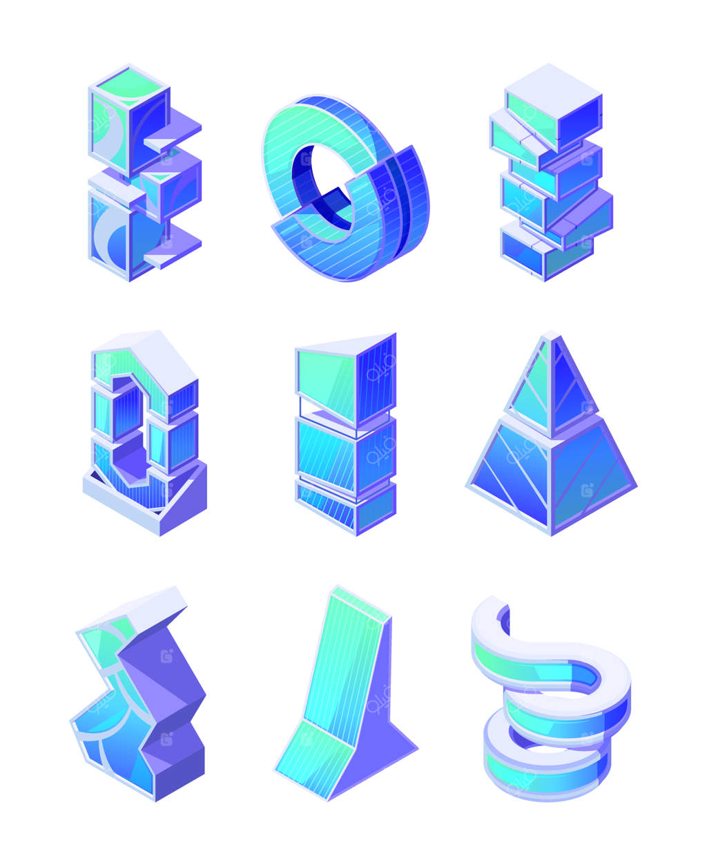 ساختمان‌های مدرن: اشیاء معماری آینده‌نگر برای شهر هوشمند، استادیوم و خانه‌های نوآورانه - تصاویر ایزومتریک سه‌بعدی وکتوری