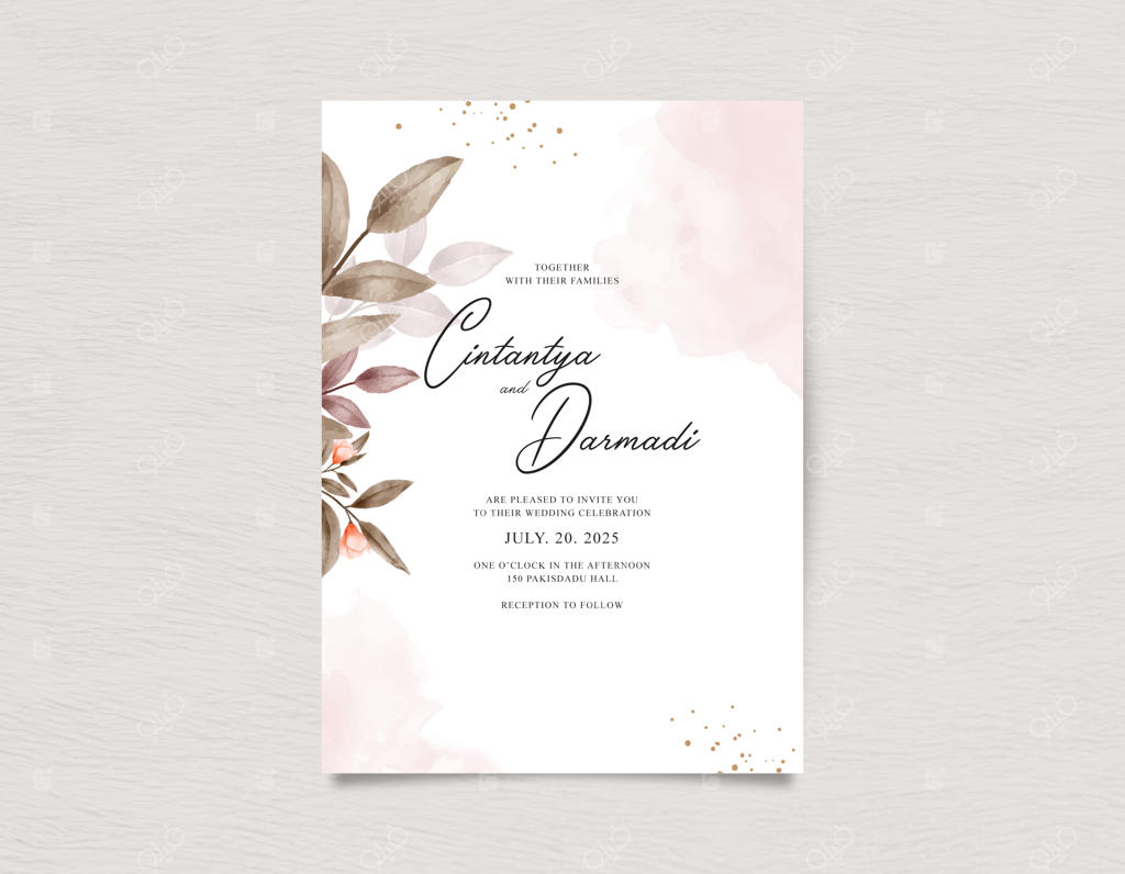 ست دعوت‌نامه عروسی شیک با طرح برگ‌های آبرنگی و پاشیدگی رنگ‌ها