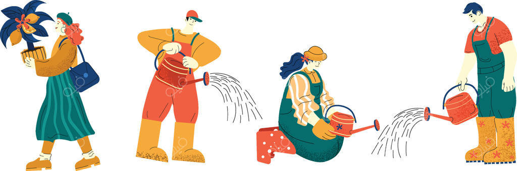 گروهی از افراد در حال آبیاری گل‌ها و گیاهان در باغی هستند