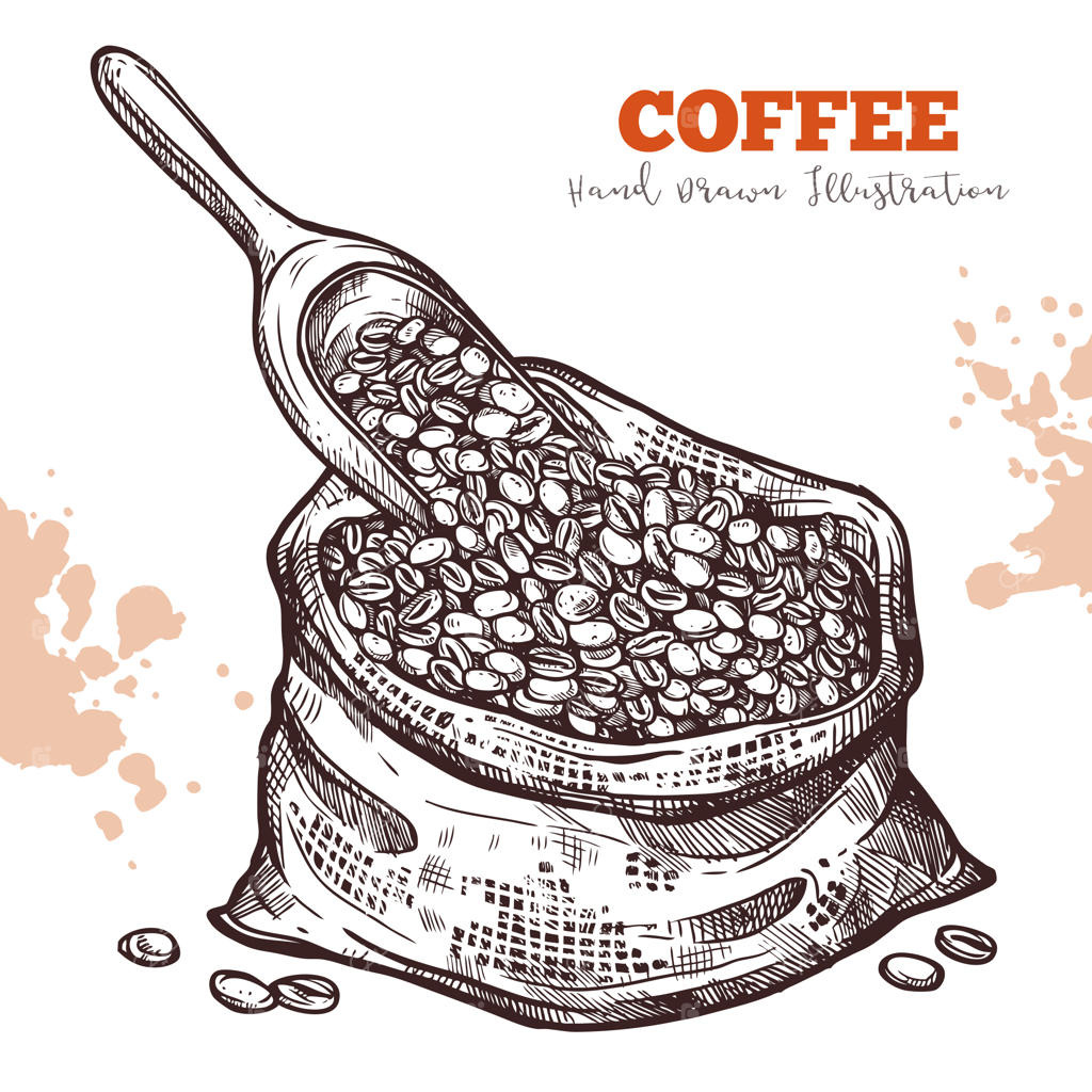 طرح دستی قاشق پر از دانه‌های قهوه