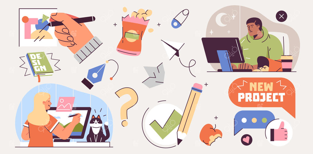 مجموعه‌ای از تصاویر درباره فریلنسرها در حال کار از راه دور و مفهوم کار از فاصله