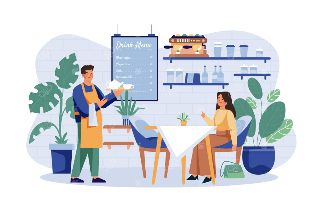 پیشخدمت جوان و خوش‌تیپ در حال خدمت به دختر مشتری در کافه