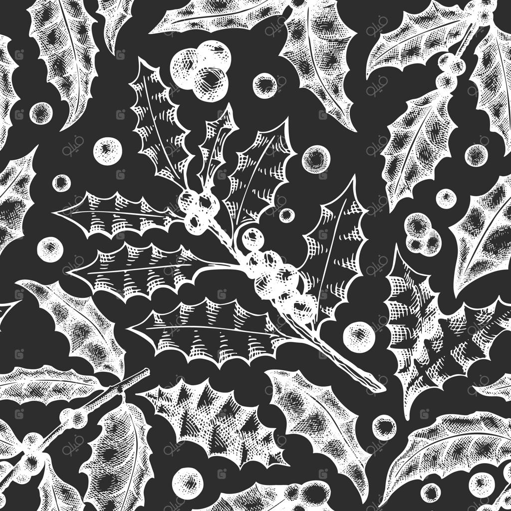 پترن یکپارچه از برگ‌های گیاه هالی اروپایی. پس‌زمینه گیاه‌شناسی.