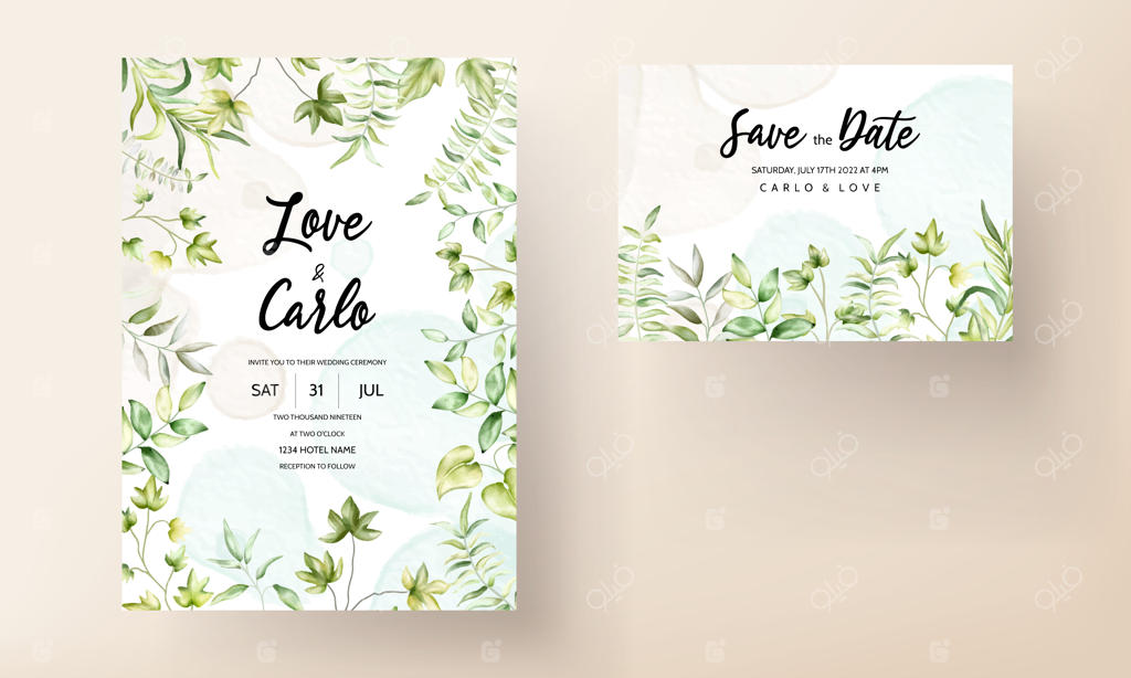 کارت دعوت عروسی با طراحی شیک از برگ‌های آبرنگی