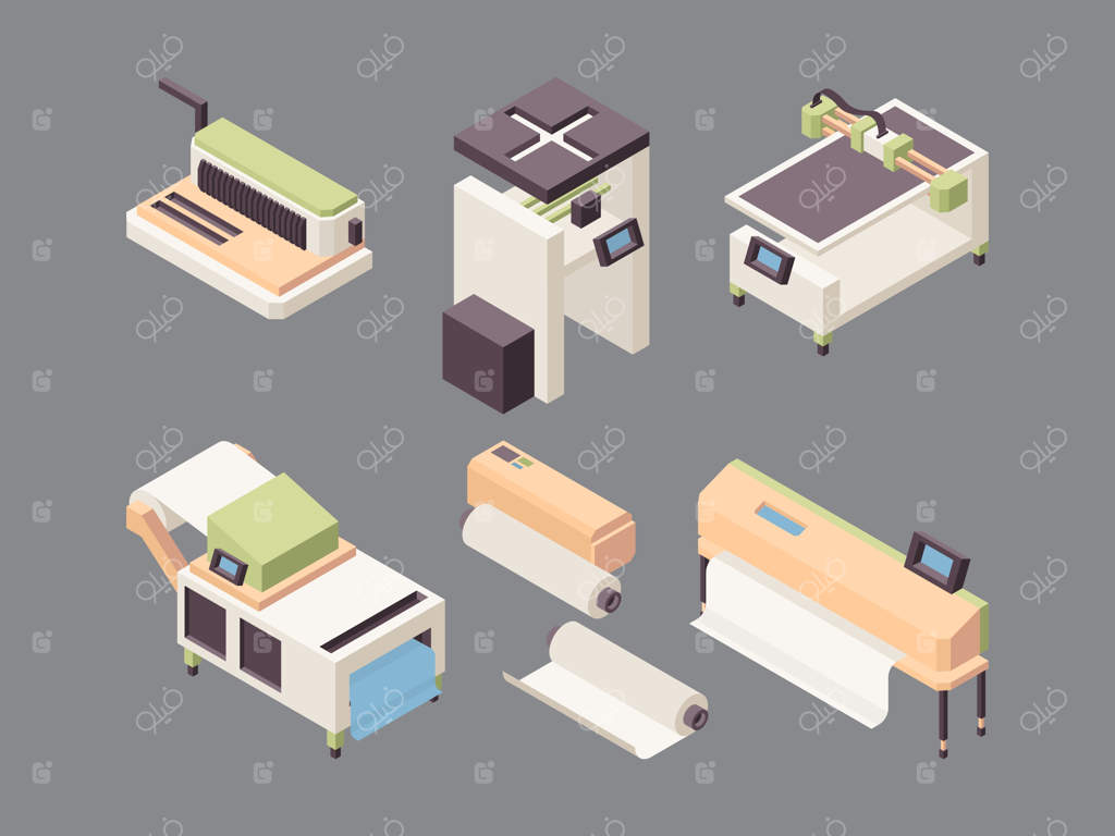 خدمات چاپ: چاپگرهای افست، چاپ تابلوهای وینیل، پلاترها، ماشین‌های تاشو و کاترهای برش کاغذ ایزومتریک