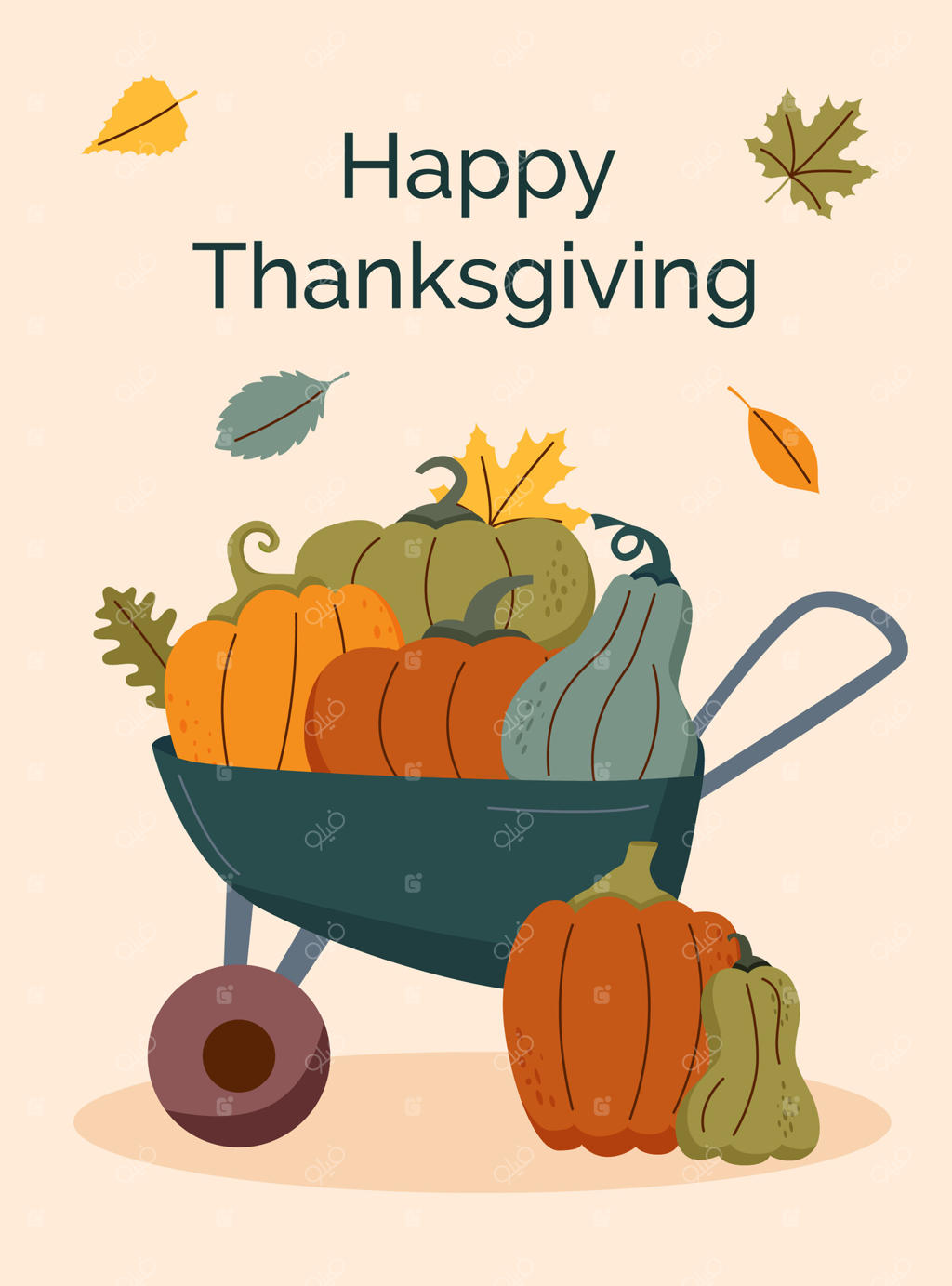کارت تبریک روز شکرگزاری و برداشت محصول: چرخ‌دستی پر از کدو تنبل. پوستر شکرگزاری و پس‌زمینه‌ی برداشت.