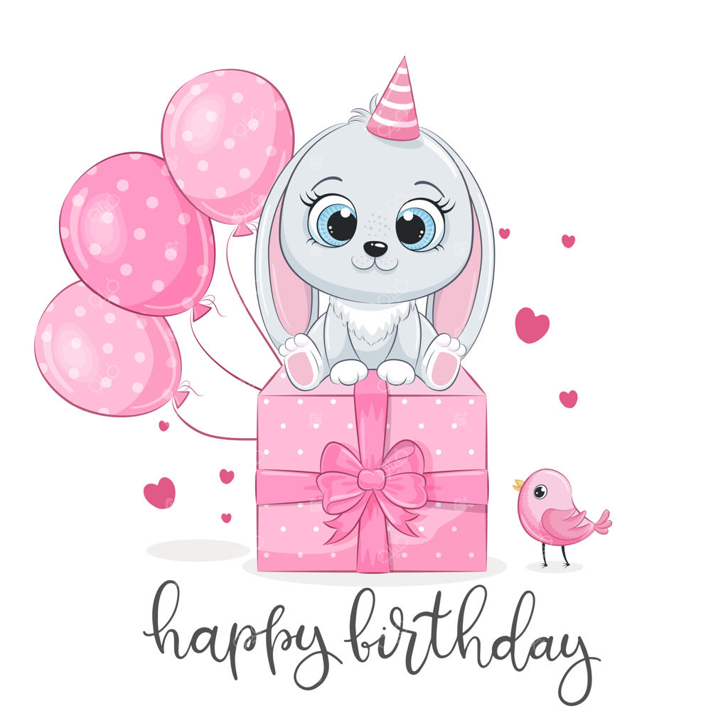 کارت تولدت مبارک با خرگوش بامزه، بادکنک‌ها و هدیه
