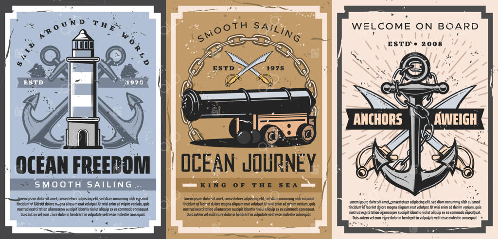 پوستر لنگر دریایی، قایق بادبانی، زنجیر و توپ