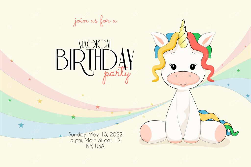 دعوت‌نامه جشن تولد با تک‌شاخ کوچولو و رنگین‌کمان