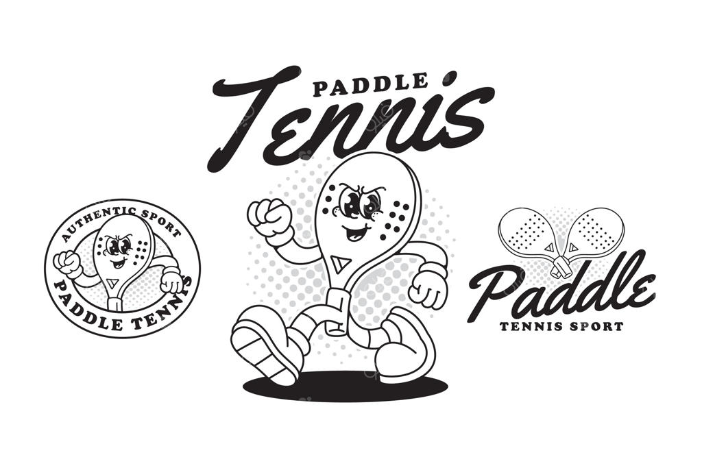 مجموعه‌ای از تصاویر کارتونی راکت پدل‌تنیس خنده‌دار: طرح‌های خطی در حالت دویدن. شخصیت کارتونی راکت پدل‌تنیس برای لوگوی ورزشی. شخصیت کارتونی راکت پدل‌تنیس به سبک کلاسیک.