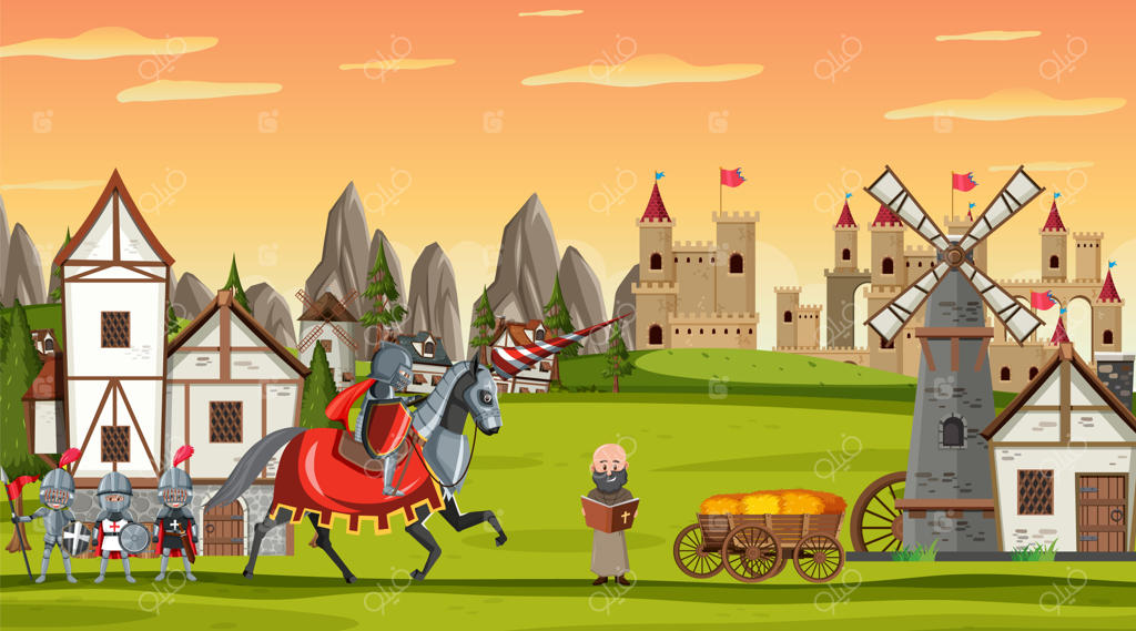 صحنه‌ای از شهر قرون وسطایی به سبک کارتونی