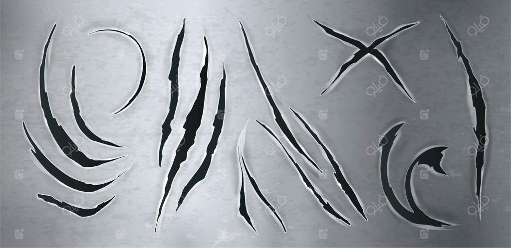 مجموعه‌ای از خط و خش‌های واقع‌گرایانه چنگال حیوانات با پس‌زمینه نقره‌ای متالیک و ترک و خراش‌های لبه‌دار - تصویر وکتور