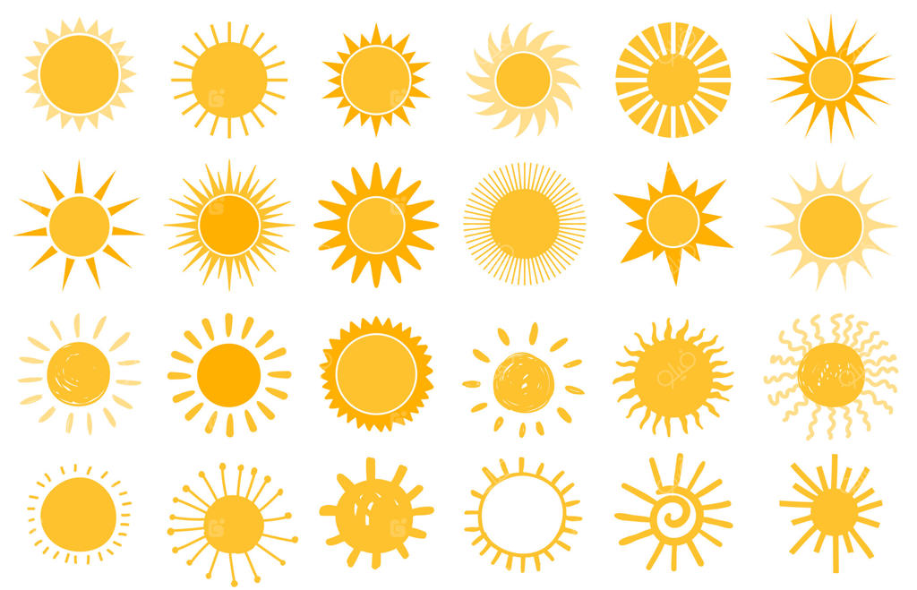 آیکون خورشید کارتونی. نمادهای تابستانی تخت و دست‌کشیده. لوگوی شکل آفتاب. سیلوئت‌های خورشید صبح و عناصر آب‌وهوای روز آفتابی وکتور ست