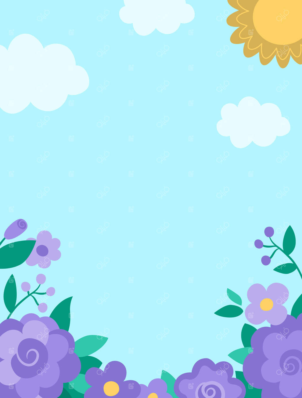 پس‌زمینه آبی انتزاعی با باغ گل، خورشید، و ابرها. صحنه‌ای جادویی یا فانتزی با جایگاهی برای متن. منظره عمودی و دلنشین طبیعت بهاری برای کودکان.