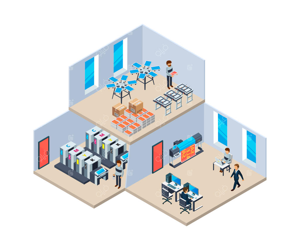 چاپخانه. صنعت تولید چاپ و فن‌آوری چاپ. فضای داخلی چاپخانه