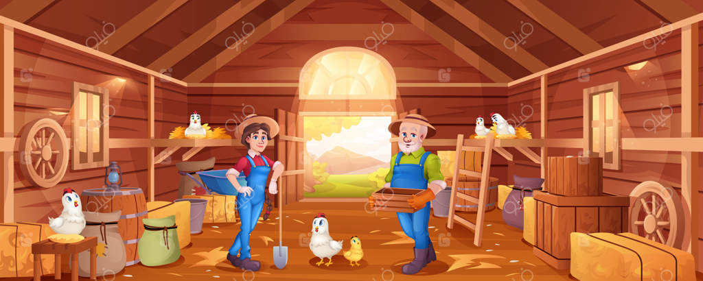 انبار چوبی کارتونی با کشاورزان، کاه، مرغ و ابزار باغبانی. مرد و زنی با کلاه در خانه‌کاه و انبار در مزرعه. فضای داخلی انبار روستایی با مرغ‌ها، کاه، کیسه‌ها و جعبه‌ها.