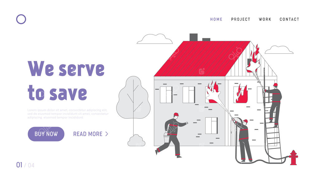 صفحه فرود وب‌سایت با موضوع مبارزه آتش‌نشانان با آتش‌سوزی خانه؛ بنر وب‌سایت تیم آتش‌نشانی با لباس فرم در حال خاموش کردن آتش و حمل سطل‌های آب. تصویرسازی کارتونی تخت و طراحی خطی